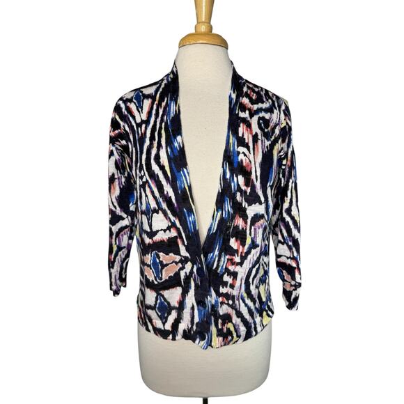 CHICOS Linen Blend Kaleidoscope Cardigan Sweater Sz Medium (1) Black Multicolor - Picture 1 of 9
